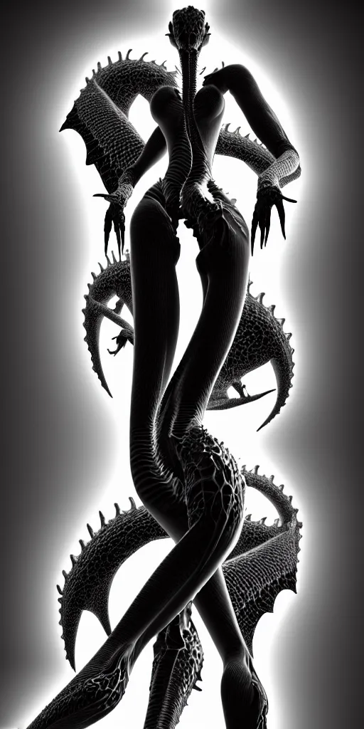 Prompt: a black and white 3D render of a full figure young female angelic-dragon-cyborg with a very long neck, Mandelbrot fractal, anatomical, flesh, facial muscles, veins, arteries, full frame, microscopic, elegant, highly detailed, flesh ornate, elegant, high fashion, rim light, 150 mm lens, octane render in the style of H.R. Giger and Man Ray, Realistic, Refined, Digital Art, Highly Detailed, Cinematic Lighting, rim light, photo-realistic Unreal Engine, 8K