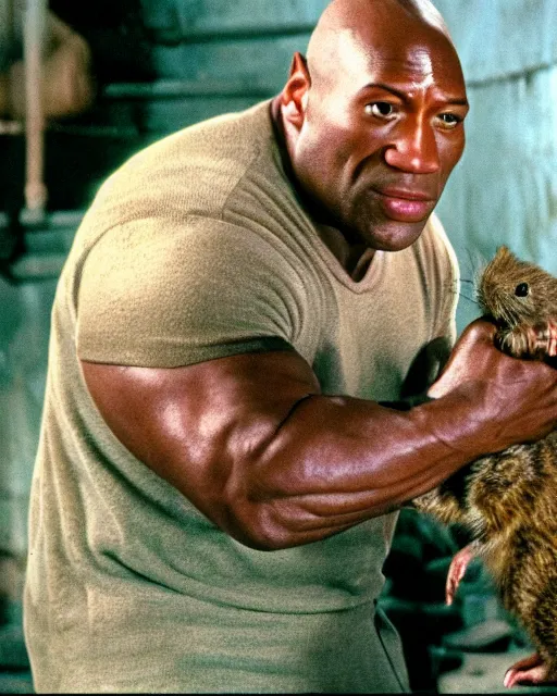 Image similar to film still close - up shot of dwayne johnson as john coffey petting a mouse in the movie the green mile. photographic, photography