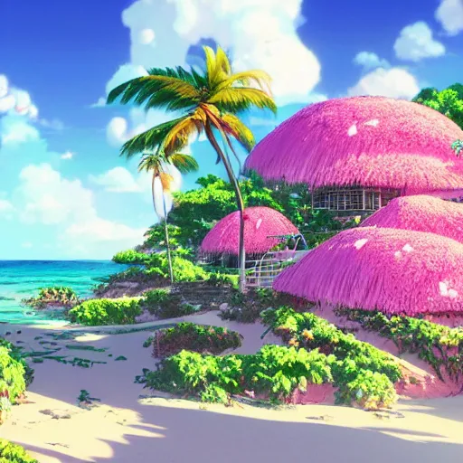 Image similar to a beautiful graphic contour outline render of a dreamy tropical anime island paradise by makoto shinkai, pink accents, soft details, graphic art