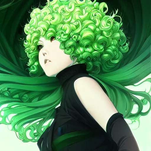 Image similar to detailed portrait art of tatsumaki with green curly hair, art by ross tran ilya kuvshinov krenz cushart, very detailed, intricate, digital anime art, sharp focus