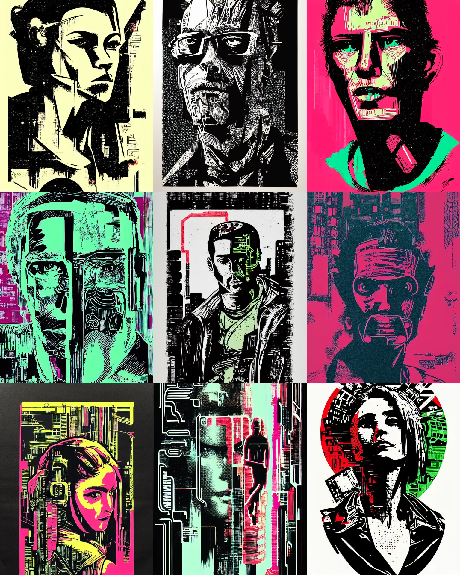 Prompt: a silkscreen print serigraph cyberpunk portrait