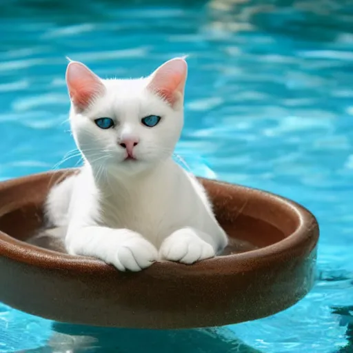 Prompt: white cat with blue eyes on a float in the pool