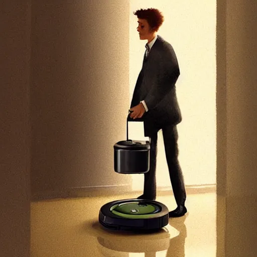 Prompt: A humble roomba butler carrying a cup of tea on attempts to serve food to guests at a fancy houseparty, 4k, trending on Artstation, art by Greg Rutkowski