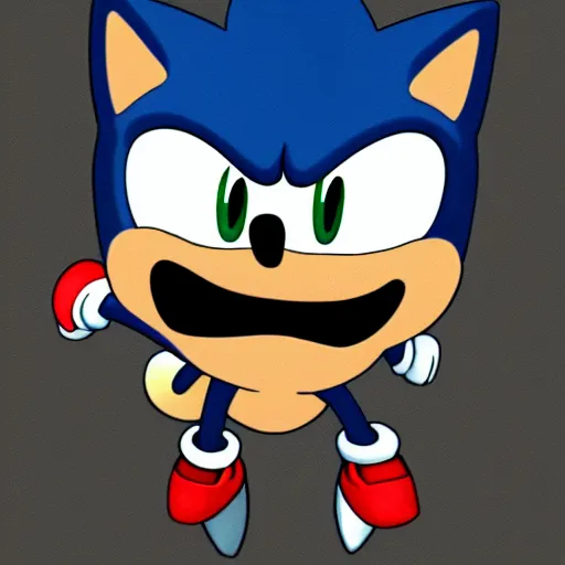 Image similar to sonic the hedgehog, smiling, unnatural grin, horror, creepy, smoke, black, dark, glow