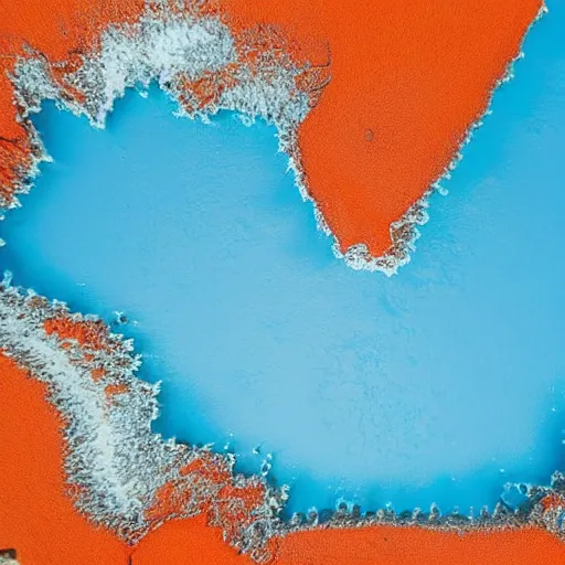 Image similar to top down view of map of country iceland made out of ice, accurate map, surrounded by ocean made out of hot orange lava, realistic