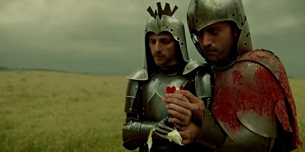 Prompt: film still of closeup the knight holds a bleeding heart in his hand by emmanuel lubezki