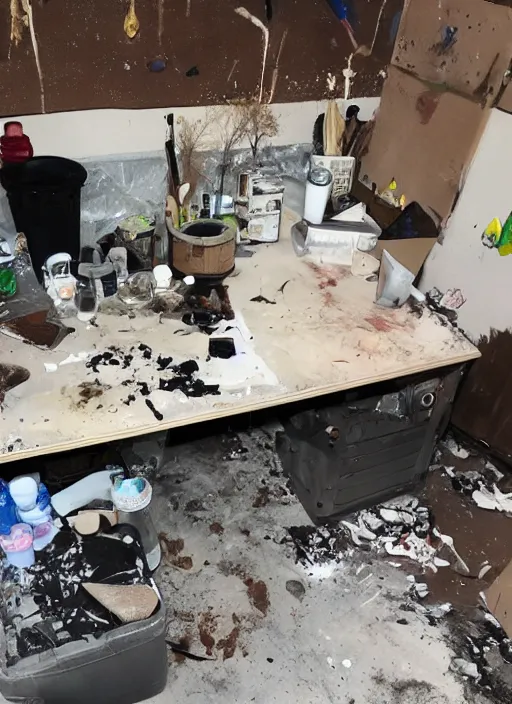 Prompt: photo of a secret meth lab, vandalized and broken