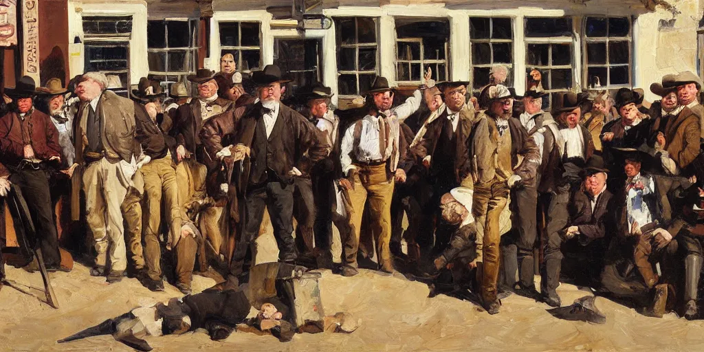 Prompt: oil painting of Phillip Seymour Hoffman as an old west banker surrounded by people in a busy old west town