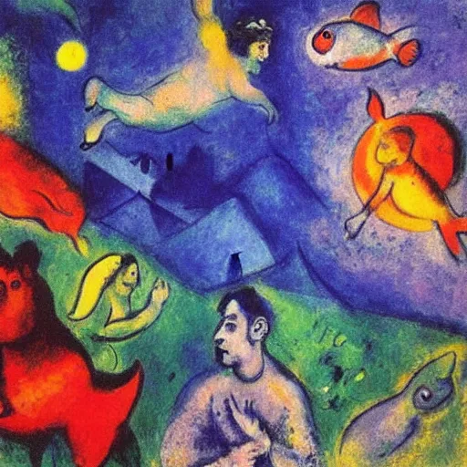 Prompt: chagall style painting of underwater scene