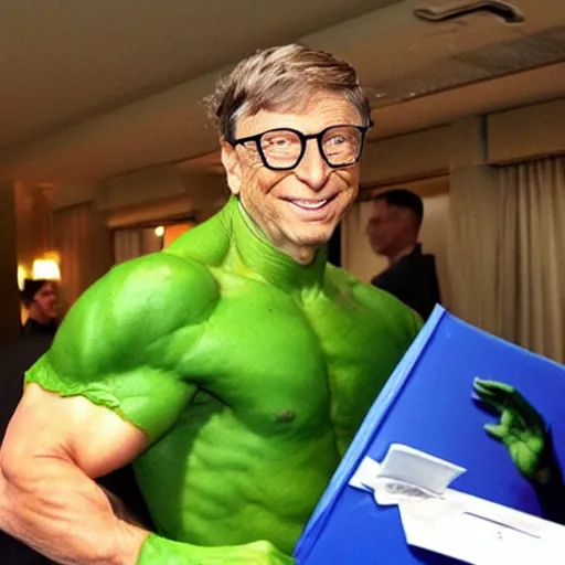 Prompt: bill gates cosplaying as the hulk, bill gates wearing a hulk costume, cosplay award winner