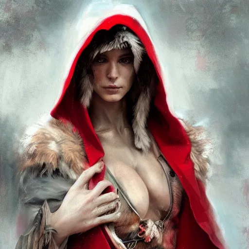 Image similar to digital _ painting _ of _ little red riding silk hood wolf slayer _ by _ filipe _ pagliuso _ and _ justin _ gerard _ unsymmetric _ ballad _ highly _ detailed _ unrealistic _ intricate _ port