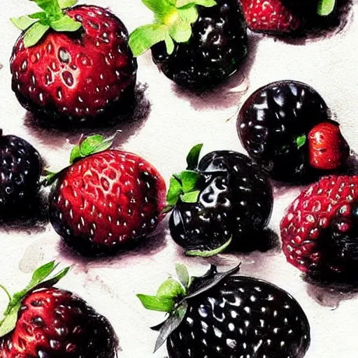 Prompt: table with very very very very black colored strawberries, #black strawberry fruit, ?black strawberry, !black strawberries, •black strawberries, extremely black strawberries, the strawberries are black, painted by rossdraws, greg rutkowski, thomas kindkade