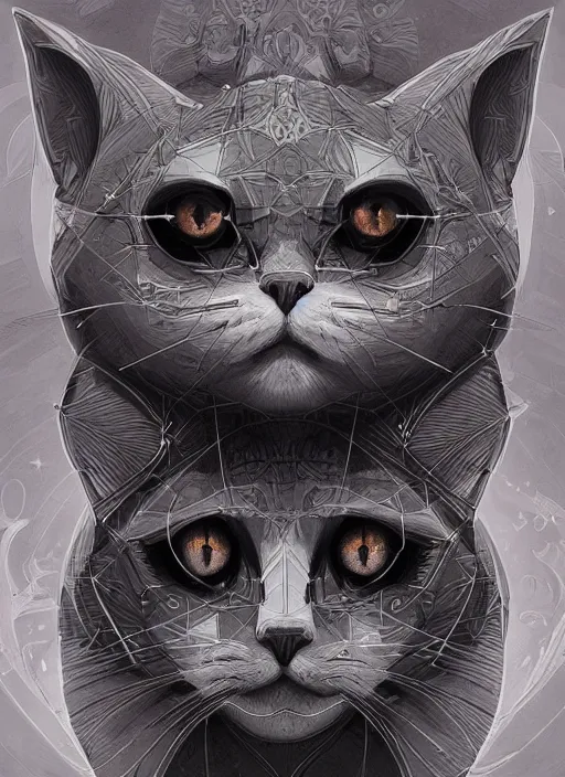 Image similar to geometric cat portrait, identical eyes, medium shot, fantasy, illustration, detailed line work, symmetrical, acid vintage color palette, artstation, hyper detailed, cinematic lighting, incredibly detailed and intricate, ornate, by peter mohrbacher