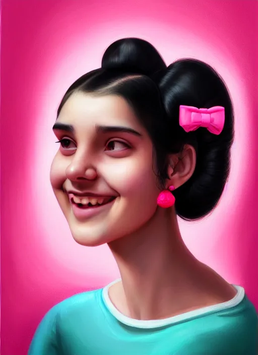 Prompt: portrait of teenage girl, narrow face, black hair, bangs, half updo hairstyle, skinny, big nose, smile, unattractive, defined jawline, big chin, wearing pink hair bow, earrings, intricate, elegant, glowing lights, highly detailed, digital painting, artstation, sharp focus, illustration, art by wlop, mars ravelo and greg rutkowski