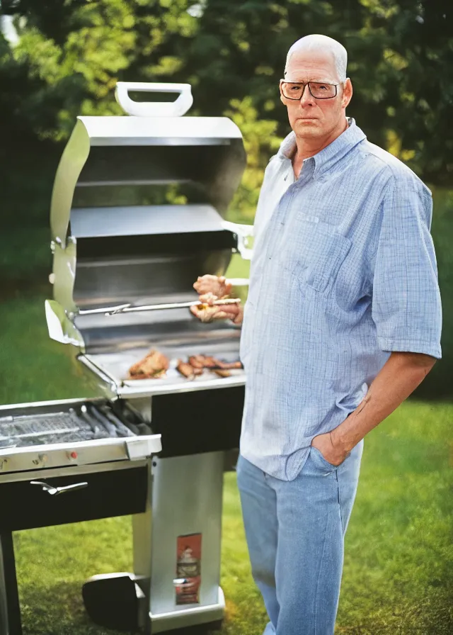 Image similar to live action hank hill standing next to a propane grill in a suburban backyard, portrait photo taken by annie leibovitz, dramatic lighting, 8 5 mm f / 2. 4, kodak portra, color film