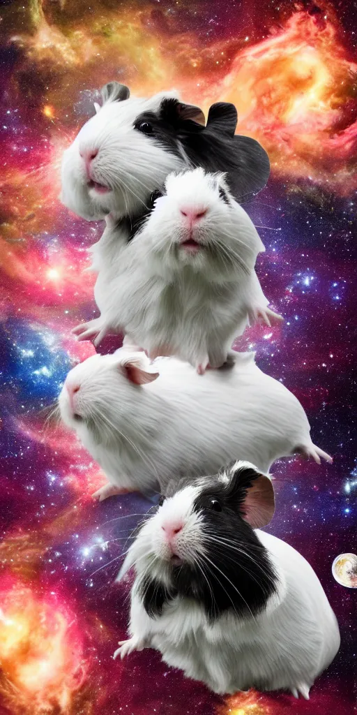 Prompt: ultra realistic guineapigs's portrait floating in space suits floating in space on the cover of vogue magazine, 4 k, 8 k, nebula, universe, many stars, space station
