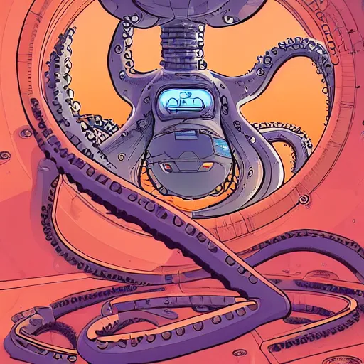 Image similar to robotic Octopus in an airlock, Industrial Scifi, detailed illustration, character portrait, by Martin Grip and Moebius