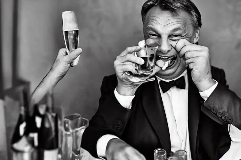 Image similar to viktor orban drinking champagne, smoking cigar, laughing hard, highly detailed face, by peter lindbergh