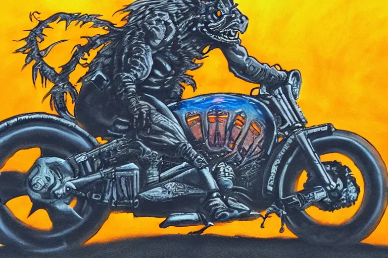 Image similar to high quality cinematic action shot of an orc doing a wheelie on a motorcycle, psychedelic blacklight airbrush art