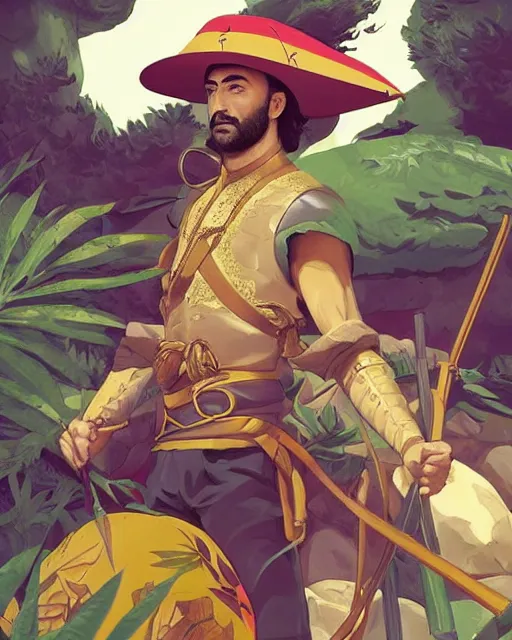 Prompt: portrait of karim benzema as a spanish conquistador in a jungle, by nicola saviori, charles williams and kilian eng, studio ghibli color scheme, highly detailed, rim light, cinematic lighting, illustration, art, octane render, very coherent, cinematic, hyper realism, high detail, 8 k