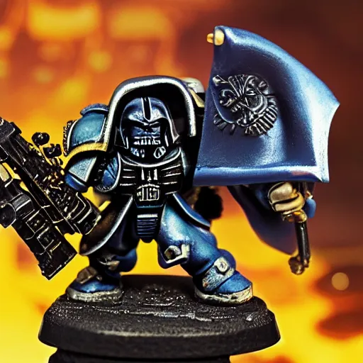Prompt: space marine from warhammer 40000 in the style of the musicians from the beatles, realism, against the background of the battlefield, depth of field, focus on darth vader,