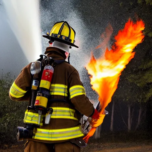 Prompt: photo of a firefighter using a flamethrower projecting a long flame. award-winning, highly-detailed