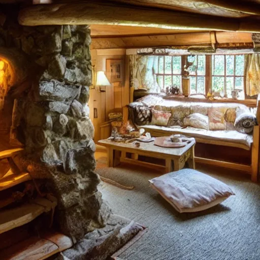 Image similar to photo of interior of fairytale cottage, english and japanese, cozy stone cottage