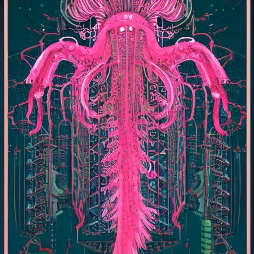 Prompt: hyperdetailed childrenbook illustration of an elaborate maximalist pinkish cyber jellyfish, in the style of ernst haekel, with cyberpunk liberty and flemish baroque details. seen from the distance. hd matte background