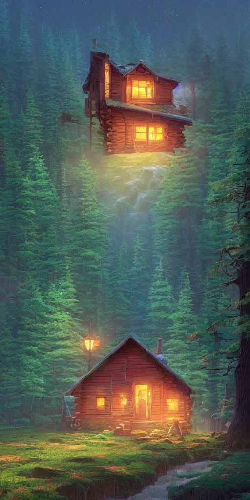 Prompt: colorful digital illustration of cabin at bottom of image in the woods, by makoto shinkai and thomas kinkade and james gilleard, pixar style, beautiful matte painting, high detail, heavenly glow, colorful, octane render, 4 k hd wallpaper