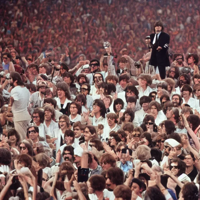 Prompt: The Beatles reunion at the Live Aid concert, 1985, concert photography, 4k