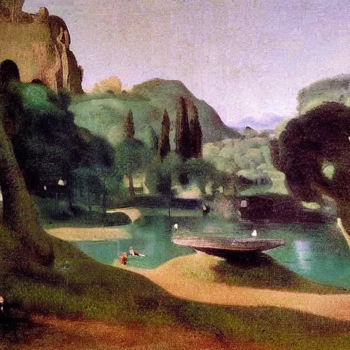 Image similar to A beautiful sculpture of of a landscape. It is a stylized and colorful view of an idyllic, dreamlike world with rolling hills, peaceful looking animals, and a flowing river. The scene looks like it could be from another planet, or perhaps a fairy tale. CCTV by Camille Corot, by Adolph Menzel terrifying