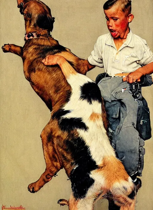 Image similar to a norman rockwell painting of an exploding dog