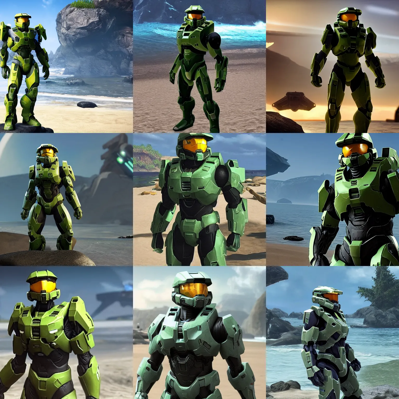 Prompt: master chief from halo infinite wearing a bikini standing on the beach
