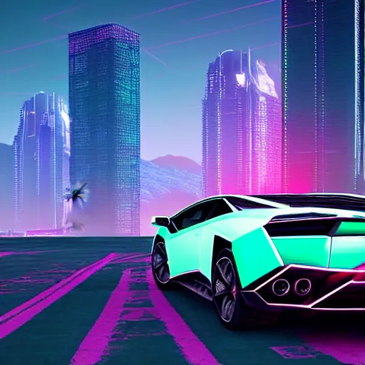 Prompt: epic professional digital art by john norton of photorealistic synthwave lamborghini driving through neon cyberpunk futuristic city towers, mountains in background, intricate, detailed, unreal engine 6, maya render