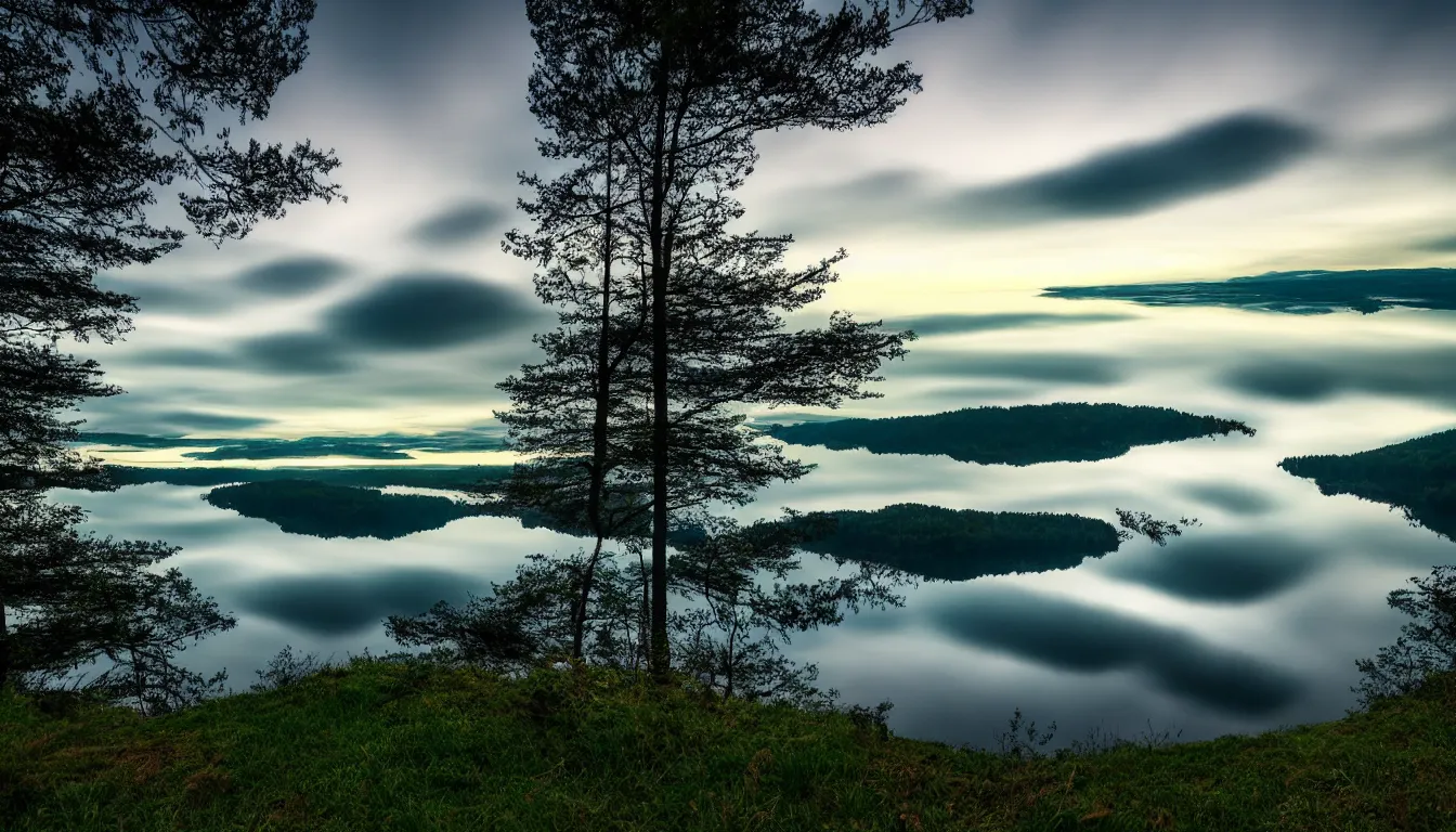 Prompt: calm lakeshore view from hill, cloud reflections, trees, nature, atmospheric, scary, claustrophobic, ambient vibe, very detailed, high resolution, 8 k