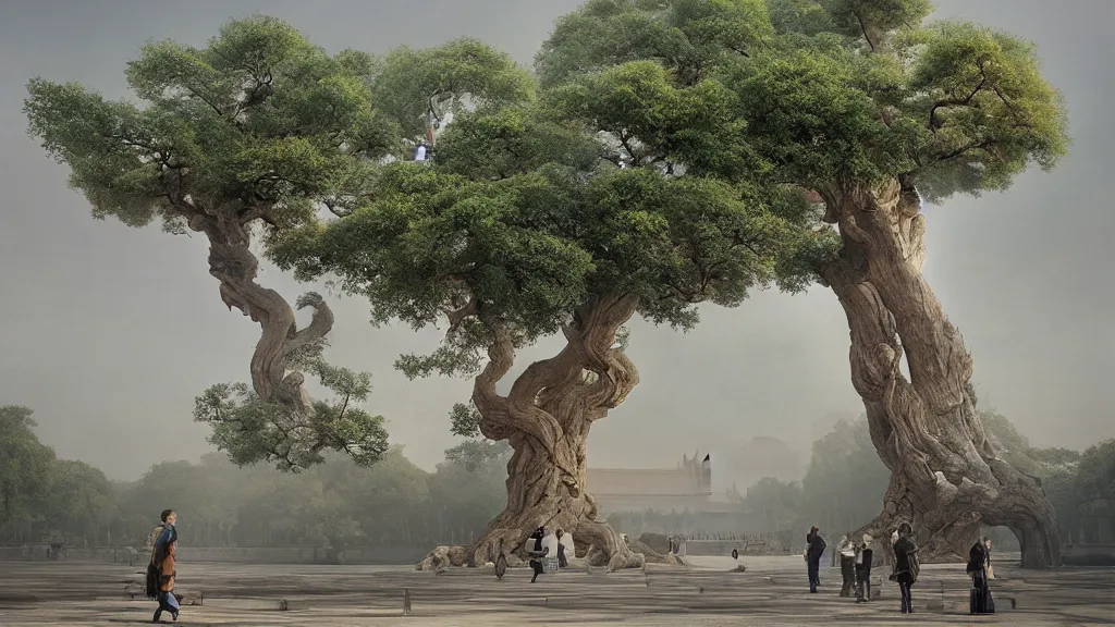 Prompt: the great elven tree growing in the forbidden city, beijing. andreas achenbach, artgerm, mikko lagerstedt, zack snyder, tokujin yoshioka