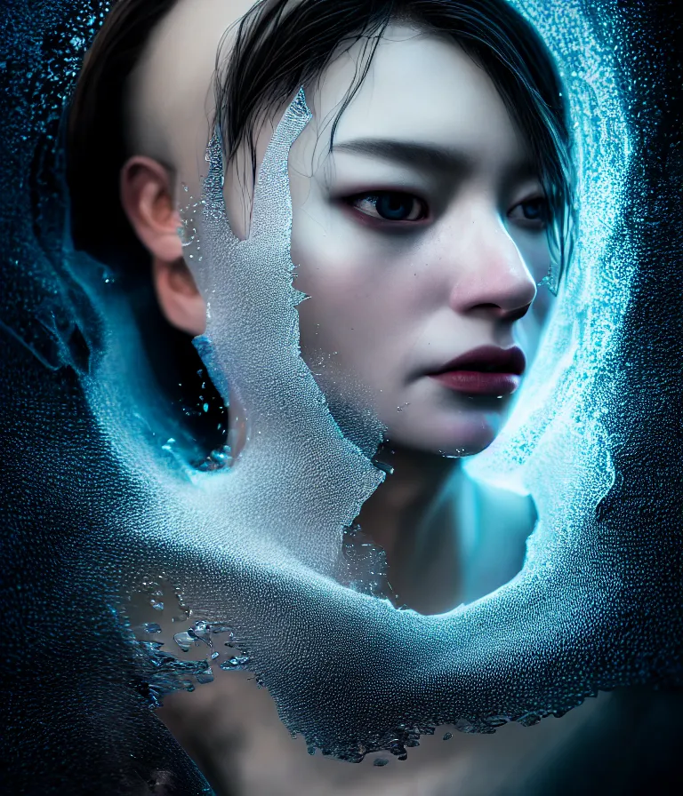 Image similar to impressive ominous cinematic fine portrait photo of a angle rigid shattered crystal volumetric dynamic fluid simulation lighting impressive masterpiece hyper ultra detailed intricate sharp focus 8 k realistic illustration canon eos r 3 fujifilm x - t 3 0 sony alpha, by james gurney tooth wu artgerm colorful, trending on artstation, cgsociety, octane render nvidia raytracing demo