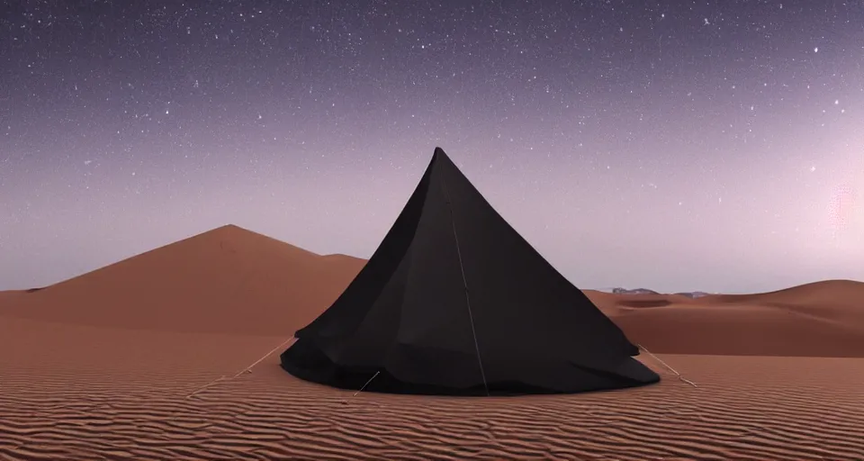 Image similar to hyper realistic matte painting of a small tent in the desert with dunes at midnight, very dark black color scheme, artstation