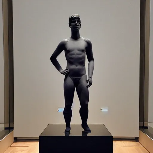 Image similar to “ a realistic detailed photo of a guy who is an attractive humanoid who is half robot and half humanoid, who is a male android, soccer player antoine griezmann, shiny skin, posing like a statue, blank stare, at the museum, on display ”