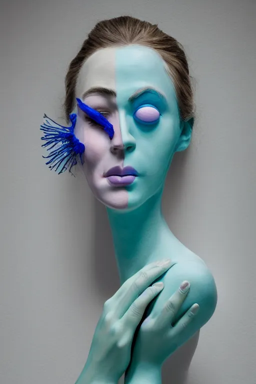 Prompt: 3 d full head and shoulders beautiful porcelain colourful woman with a sad expression and crying eyes by theodor seuss geisel and daniel arsham