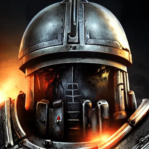 Image similar to warhammer space marine, scary helmet, terrifying, grimdark, horror, war, photorealistic, front view, symmetrical, artstation, dark souls style