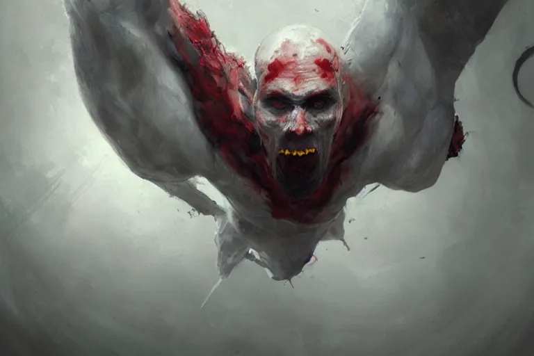 Prompt: painting by greg rutkowski of a flying human head and face that is chalk white in color, with white tentacles coming of the neck, red eyes, flying in a terrying hell like cavernous place