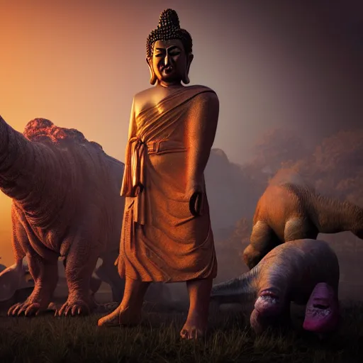 Image similar to a hyper real comic book style portait painting of buddha in the stone age with dinosaurs, unreal 5, hyperrealistic, octane render, cosplay, rpg portrait, dynamic lighting