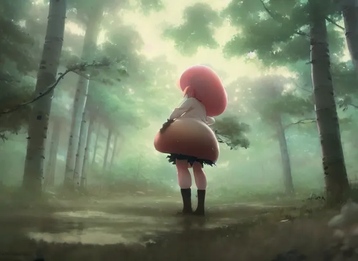 Prompt: a cute thicc mushroom creature, her feet covered in mud, walking around a large aspen forest, fog, atmospheric lighting, by makoto shinkai an krenz cushart