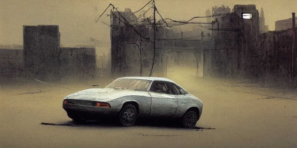 Image similar to car in full speed in a empty street, mad max kieth thomsen, zdzislaw beksinski