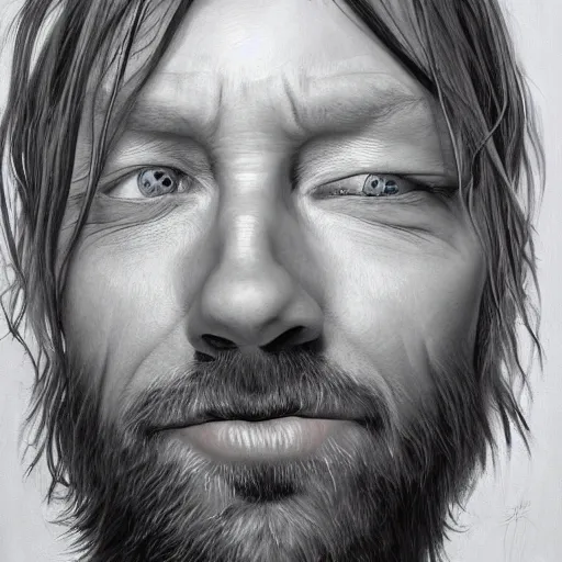 Image similar to Caricature portraits done of Thom Yorke, realistic, hyperrealistic, very realistic, highly detailed, very detailed, extremely detailed, detailed, oil painting, digital art, trending on artstation