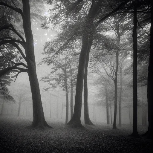 Image similar to deep misty forest with big black fluffy demon behind the tree, monochrome lomography