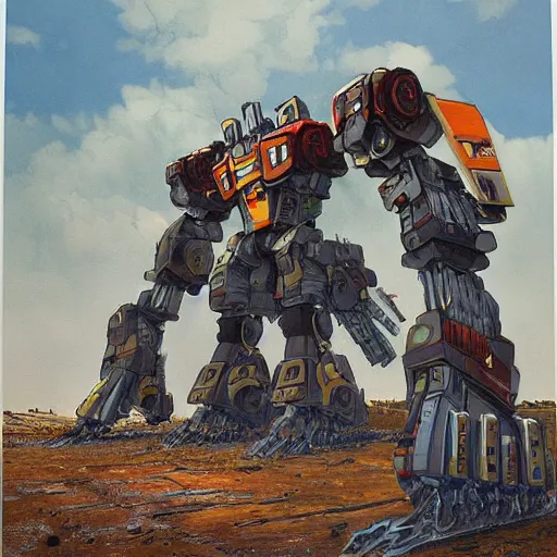 Prompt: a beautiful painting of a large battle mech equipped with many chainsaws by moebius