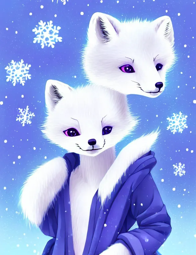 Prompt: a cute anthropomorphic arctic fox girl anthro wearing indigo ribbons and a fluffy robe, winter park background, very anime!!! kawaii!! furry!! intricate details, aesthetically complementary colors, scenic background, art by rising artists with a radically new style. trending on artstation, top rated on pixiv and furaffinity