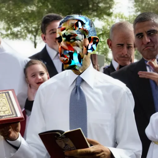 Image similar to barack obama in a priest's vestaments with a copy of the bible in hand